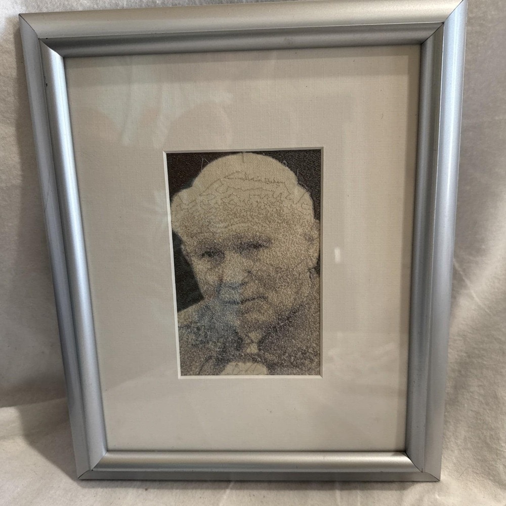 Pope John Paul II Embroidered Framed Photo Stitch Vintage Original Art 12x10 Apx